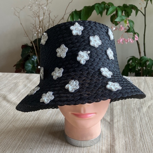 Accessories - Black Bucket Hat with White Sequined Beaded Floral Accents